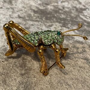 Vintage Gold and Green Crystal Grasshopper Pin